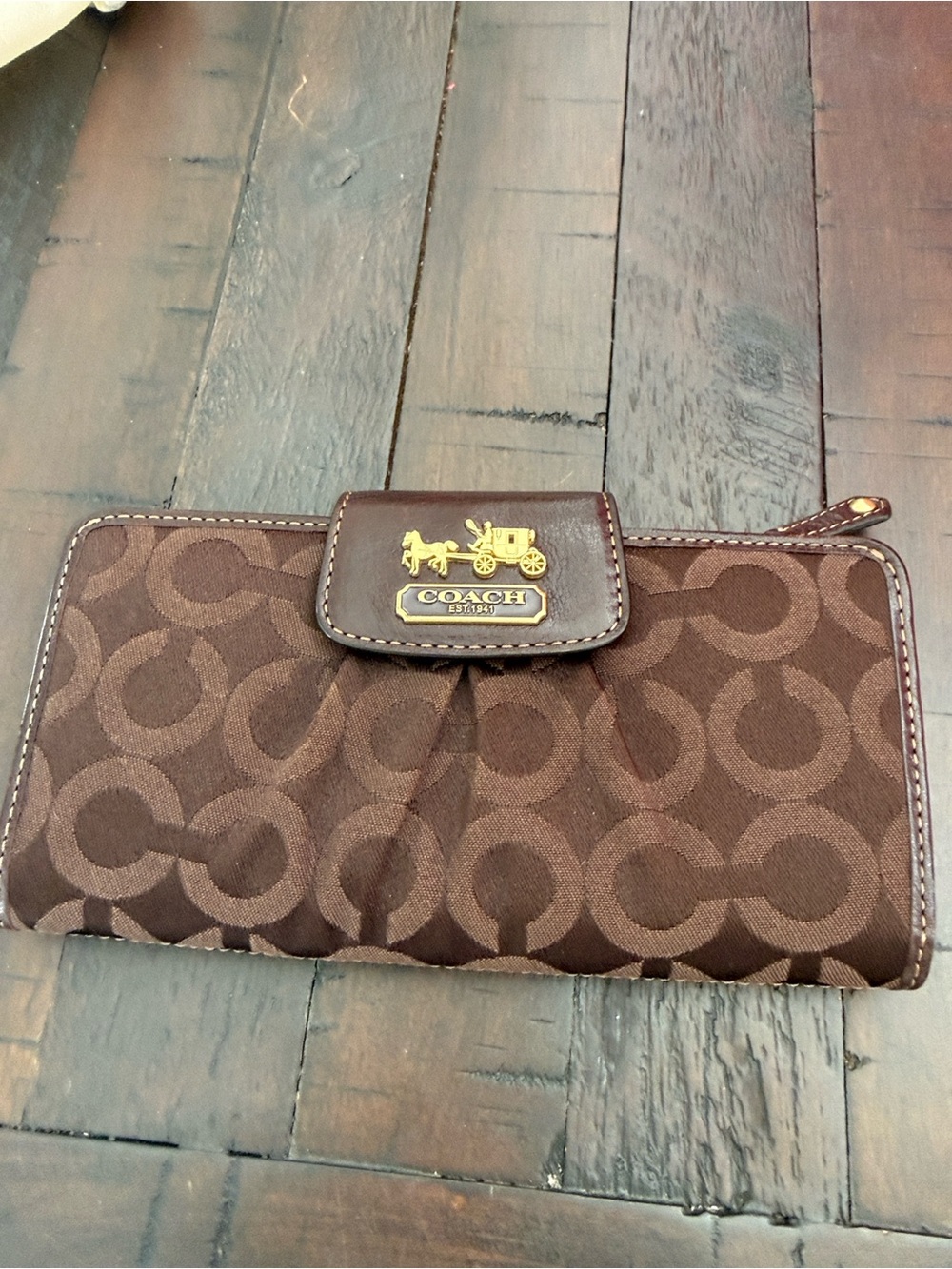 Vintage Coach OPT Art Brown Signature Canvas Zip  Wallet with Gold Accent